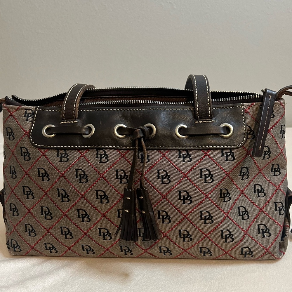 Vintage Dooney Bourke Signature Canvas Logo Tan Brown Leather Shoulder Bag